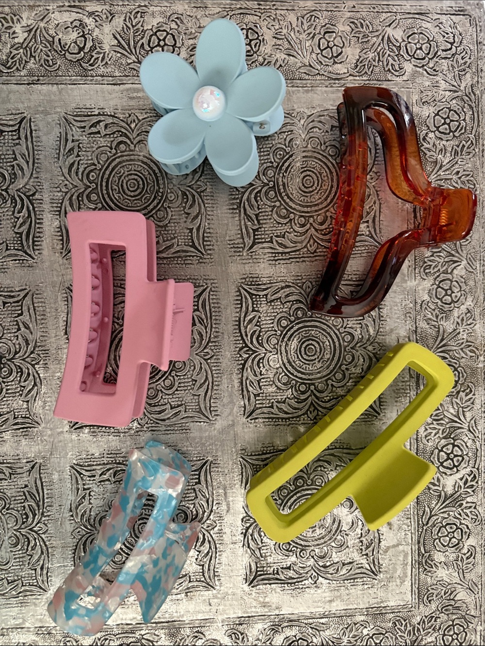Set of Six Colorful Hair Claw Clips - Pastel Flower & Tortoise Styles